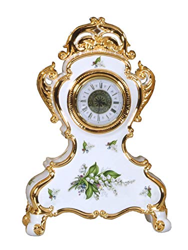 Barocke Luxusuhr aus weiß-goldener Keramik Handgemaltes Detail eines Maiglöckchens Made In Italy