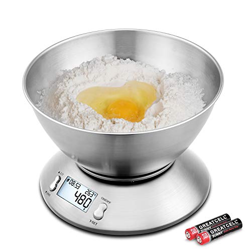 Küchenwaage Digitalwaage Professionelle Waage Electronische Waage, Uten Digitale Küchenwaage 5kg x 1g aus 304 Edelstahl Tara-Zuwiegefunktion mit Großes LCD-Display und 2 Liter Schale Innenbehälter und Timer