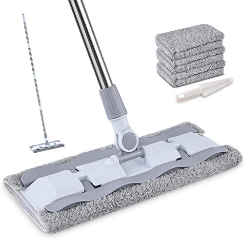 HOMTOYOU Bodenwischer mit breitem Wischkopf für große Flächenwisch, Ultra langem Teleskopstiel, 360° Drehgelenk, 4-er Pack waschbarer Mikrofaser Mop-Pads