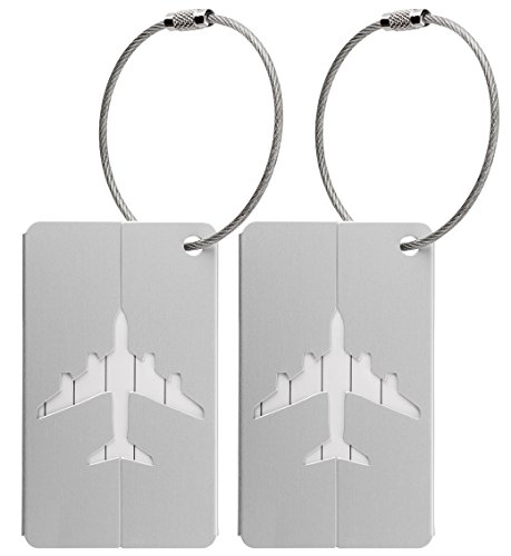 Kofferanhänger aus Metall mit Namensschild und Flug-Motiv 2 Stück – Silber metallic