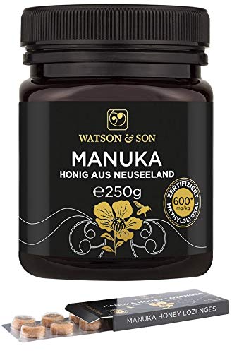 Watson & Son Manuka Honig MGO 600+ 250g + gratis Manuka Lutschtabletten 20g MGO 400+ | Zertifizierte Premium Qualität aus Neuseeland | Lozenges Lutschbonbons