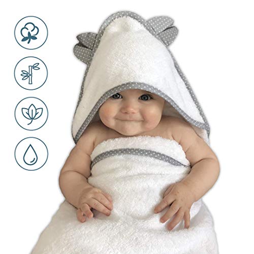 VABY – Babyhandtuch mit Kapuze, OEKO-TEX, aus Baumwolle und Bambus, weiß/grau, Kinderhandtuch extra groß, Frottee Kapuzenhandtuch mit Ohren, Baby Handtuch für Neugeborene, Junge und Mädchen