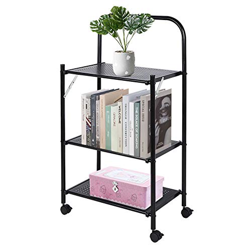 Cocoarm Standregal Klappregal Bücherregal Faltbar Regal mit 3 Ablagen, Multifunktionales Küchenregal Metall Lagerregal Aufbewahrungsregal mit Rollen für Wohnzimmer Schlafzimmer Küche Schwarz