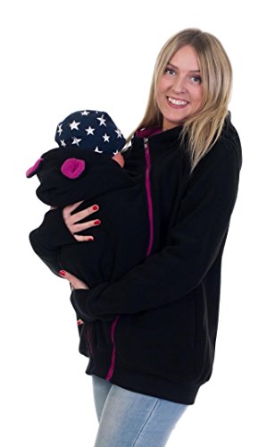 Divita 3in1 Tragejacke Umstandsjacke mit süssen Bärchen Ohren für Tragetuch Babytrage Fleece für Baby und Mama 46 (S/M (36/38), Schwarz/Rosa)