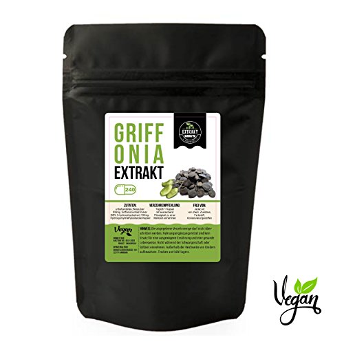 Griffonia Simplicifolia EXTRAKT | 98% 5-HTP | 240 KAPSELN | 100mg hochdosiertes Extrakt | ohne chem. Zusätze | laborgeprüft [siehe Bild] | 100g Extrakt = 1000g normales Griffonia Pulver |wiederverschließbarer Zippbeutel | MHD 06.01.2020 | 100% vegan & in Deutschland abgefüllt