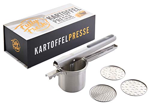 Fully Fresh! Premium Kartoffelpresse aus Edelstahl, rostfrei & spülmaschinenfest, Obst-/Spätzlepresse (Multipresse mit 3 Siebeinsätzen u.a. für Spaghettieis), 350ml | inkl. eBook