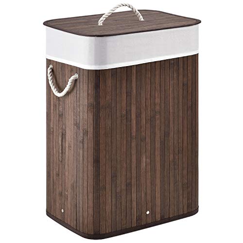 Juskys Bambus Wäschekorb Curly mit Wäschesack & Deckel | 72 Liter | 1 Fach | tragbar | braun | eckig | Wäschesammler Wäschetruhe Wäschebehälter