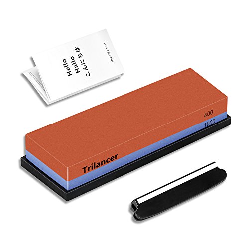 Trilancer Abziehstein Schleifstein Wetzstein, Doppelseitiger Messerschärfer Wasserstein für Messer, mit Rutschfestem Halter Anleitung Schleifhilfe