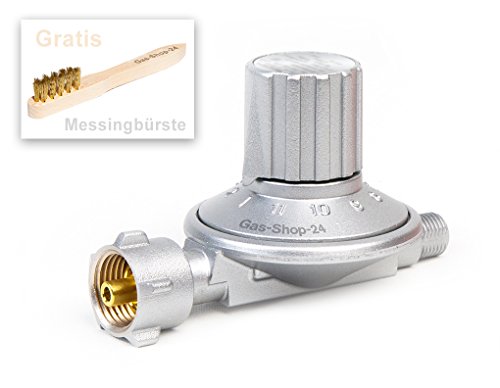 Druckminderer 50-200 mbar (stufenlos regelbar) + Messing Reinigungsbürste (für geeignete Gasgeräte/Gaskocher, Gasherd, Hockerkocher, Campingkocher Heizung Heizofen Gas Regler
