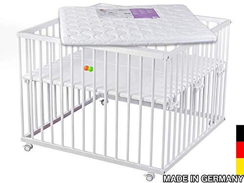 Sämann Laufgitter 100x100 Buche weiß mit Matratze | TÜV geprüft 2019 | stufenlos höhenverstellbar | Laufstall Baby | TÜV Thüringen | gummierte Rollen mit Bremse
