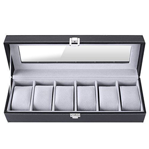 Femor Uhrenbox für 6 Uhren mit Glasfenster Watch Box Uhren Aufbewahrung aus PU Leder und Samt Schwar
