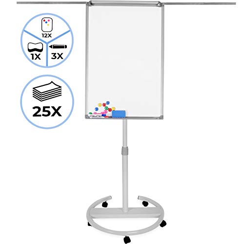 Flipchart mit Rollenfuß - 60 x 90, höhenverstellbar, 2 Seitenarme, inkl. Papier, Marker, Magnete, Schwamm, Papierhalterung, Weiß - Whiteboard, Magnettafel