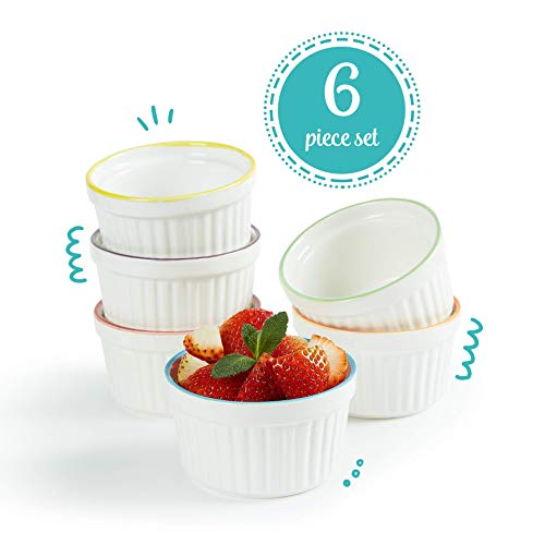Uno Casa Weiße Keramik Creme Brulee Formen - 150 ml Souffleförmchen für Soufle und Eiscreme - Set bestehend aus 6 weißen Souffle Förmchen mit Buntem Rand