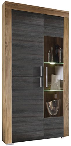 trendteam Wohnzimmer Vitrine Schrank Wohnzimmerschrank Boom, 89 x 210 x 34 cm in Nussbaum Satin Dekor mit LED Beleuchtung in Warm Weiß