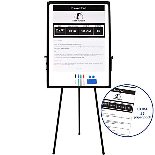Whiteboard mit Ständer/Flipchart Set 100 x 70cm - stehend Magnettafel mit Stativ + 1 Magnetischer Schwamm, 4 trocken abwischbare Stifte, 2 Magneten und 58 x 81cm Flip Chart Papier mit 25 Blatt