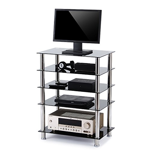 RFIVER Fernsehtisch Glas Tisch TV Rack B LCD TV/Hifi Möbel Fernseh-Rack Fernsehschrank TV Lowboard TV Standfuss Hifi-Schrank DVD-Regal mit 5 Ablagen in der Farbe schwarz