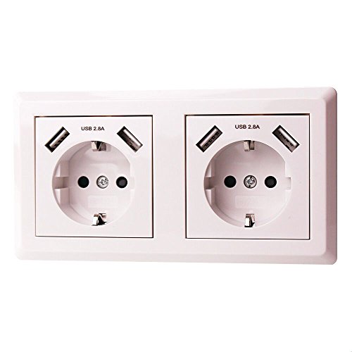 55x55mm Schuko Doppelsteckdose mit USB Schutzkontakt Unterputz Kaifire USB Steckdose mit 4xUSB Port Ladegerät Smartphone Tablet