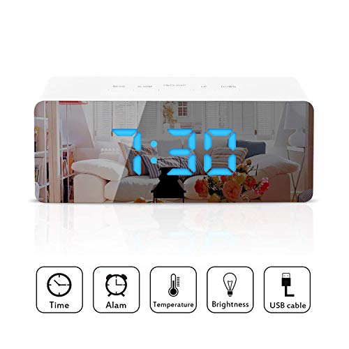 TWFRIC Nachttisch Wecker, Digitale Wecker Digitale Uhr mit Temperatur/Snooze/Einstellbar Helligkeit/ 12/24H Modus/USB Kabel LED Spiegel Uhr für Schlafzimmer/Büro/Küche