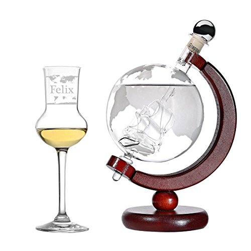 polar-effekt Grappa-Set Personalisiert - Flasche Welt Dekanter und Schiff Globus befüllt 500 ml Grappa - Grappaglas 87ml Grappakelch mit Gravur - Geschenkverpackung - Motiv: Weltkarte