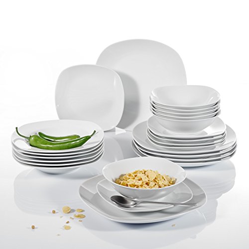 Malacasa, Serie Elisa, 24 teilig Set Cremeweiß Porzellan Tafelservice Kombiservice Geschirrset mit je 6 Speiseteller, 6 Dessertteller, 6 Suppenteller, 6 Schüsseln für 6 Personen