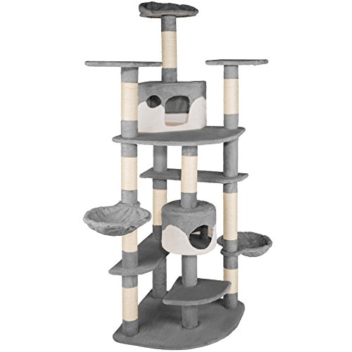 TecTake Katzen Kratzbaum mit XXL Liegemulde | 2 Katzenhäusern | deckenhoch - Diverse Farben - (grau-Weiss | Nr. 402109)