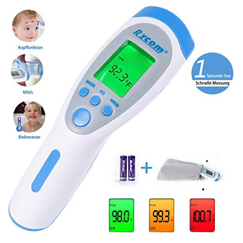 Fieberthermometer Stirnthermometer Kinder und Erwachsene, Digitales Medizinisch Kontaktlos Infrarot thermometer für Babys, Erwachsene, Objekte und Raum, 1 Sekunde Messzeit, Speicherfunktion
