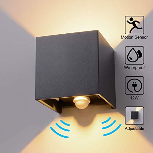 Wandleuchte Bewegungsmelder Aussen/Bewegungsmelder Innen LED Wandlampe, 12W Warmes Licht Wasserdicht Verstellbare Aussenlampe, Wandleuchte Sensor für Garten/Flur/Weg Veranda Hell-Eckig (Anthrazit)
