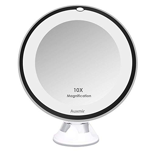Auxmir Kosmetikspiegel LED mit Licht, 10X Vergrößerung, 16,5CM Spiegelfläche und Saugnapf, 360° Schwenkbar, Make-Up-Spiegel Schminkspiegel Beleuchtet mit Blendfreier Beleuchtung für Zuhause und Unterwegs
