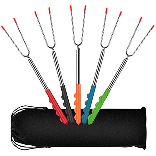 FishOaky 5 Stück Grillspieß Ausziehbar 32cm-115cm, Grillspieß Lagerfeuer Edelstahl, Barbecue Gabel Barbecue Spieße Set mit Gummigriff und Tragetasche für Barbecue, Camping, Marshmallows, Lagerfeuer