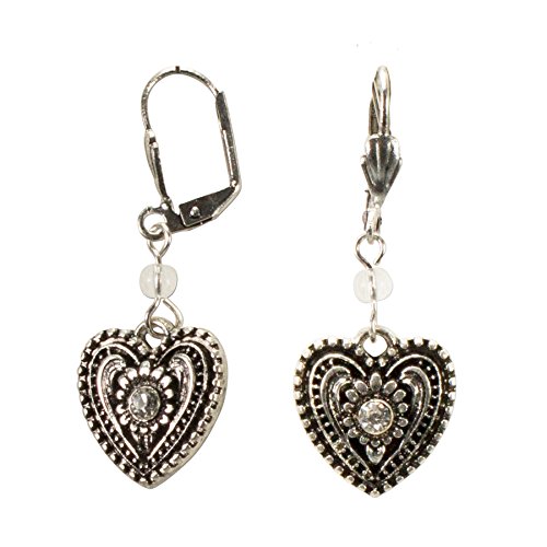 Alpenflüstern Trachten-Ohrhänger Strass-Herz - Damen-Trachtenschmuck, Trachten-Ohrringe Trachtenherz mit Strass-Stein antik-silber-farben DOR038