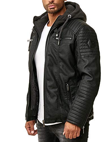 Red Bridge Herren Kunst- Lederjacke Kunstleder Bikerjacke mit Sweat- Kapuze 2in1, Schwarz - Kunstleder, XXL