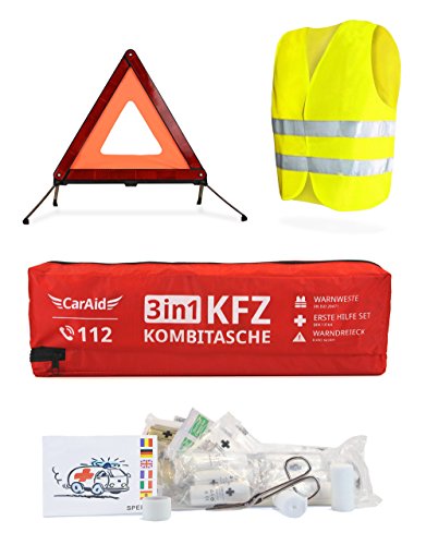 PREMIUM 3in1 Kombitasche | Warndreieck, Verbandskasten, Warnweste - Deutsche NORM - Erste Hilfe Set für Autos