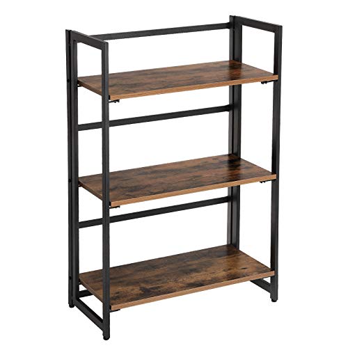 SONGMICS Standregal, Bücherregal mit 3 Ablagen, Klappregal, multifunktionales Regal, mit Metallrahmen, einfache Montage, für Wohnzimmer, Schlafzimmer, Küche, Vintage, LLS66X