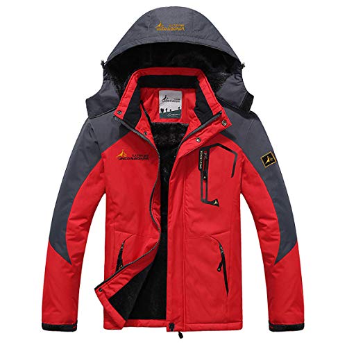 Panegy Herren Wasserdicht Gefütterte Outdoorjacke Winddicht Hardshelljacke mit Abnehmbarer Kapuze Funktionsjacke Kaputzejacke Größe 2XL - Rot