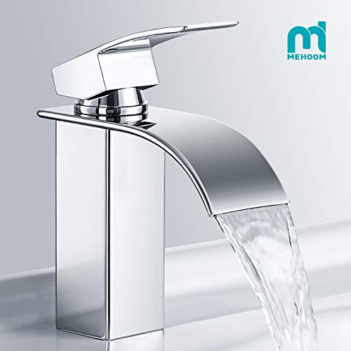 Wasserfall Wasserhahn Bad, MEHOOM Wasserhahn Waschbecken für Badezimmer, Einhandmischer Waschtischarmaturen, Keramikventil, Kaltes und Heißes Wasser Vorhanden, Verchromt, Moderner Stil