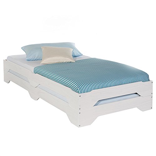 Stapelbetten Set Doppelbett Einzelbett Gästebett Bett RONNY Kiefer massiv weiss lackiert 90 x 200 cm (B x L)