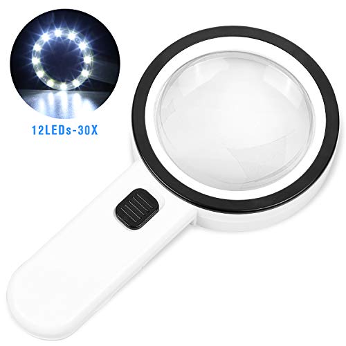 Karidge Lese Vergrößerungsglas mit 12 LED Licht 30XHandlupe,105mm groß Verzerrungsfreier Leselupe mit Doppelglaslinse für karten，Prüfen, Schmuck, Handwerk, Kleingedruckten, Briefmarken, Hobbies