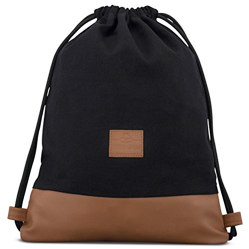 Turnbeutel Hipster Schwarz / Braun - JOHNNY URBAN 'Luke' Canvas Gymsack Gym Bag Beutel Sportbeutel Rucksack für Damen & Herren mit Innentasche - Aus robustem Baumwoll Canvas und veganem Leder
