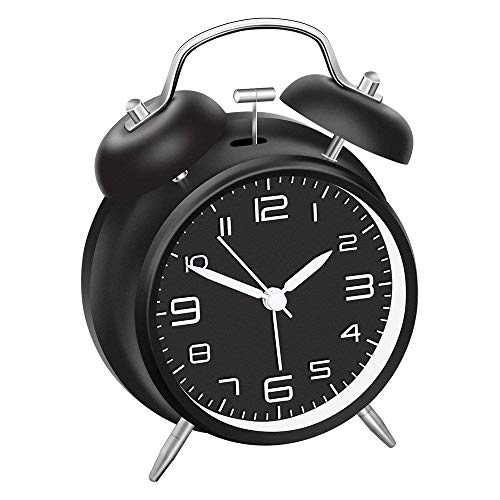 DreamSky Doppelglockenwecker mit Nachtlicht, Lauter Alarm, Wecker Analog mit großes Zifferblatt von 4 Zoll, kein Ticken, geräuschlos, Kinder Wecker Batteriebetrieben, Retro Design (Schwarz)