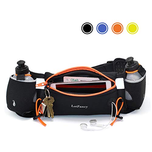LotFancy Trinkgürtel Bauchtasche Gürteltasche, Laufgürtel Hüfttasche mit 2 Trinkflasche (BPA Frei) Running Belt Komfortabel und Atmungsaktiv für Marathon, Jogging, Radfahren, Camping - Orang