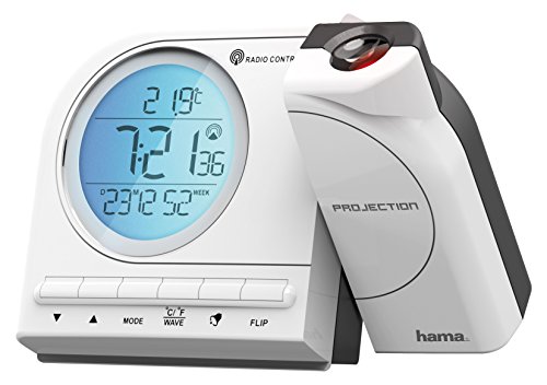 Hama Funk Projektionswecker (mit Thermometer, Kalender, Wecker, automatische Zeitanpassung, Projektor um 180 Grad drehbar) White/Blau/Grau