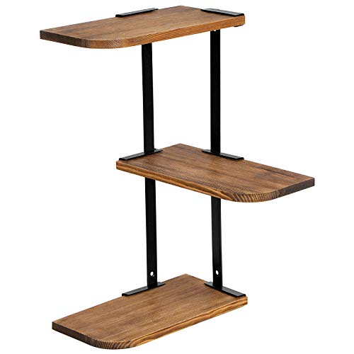 SONGMICS Wand Eckregal mit 3 Ebenen, Wandregal, aus Massivholz und Metall, rustikale und geflämmte Oberfläche, für Schlafzimmer, Wohnzimmer, Büro, Küche, LSN04CB