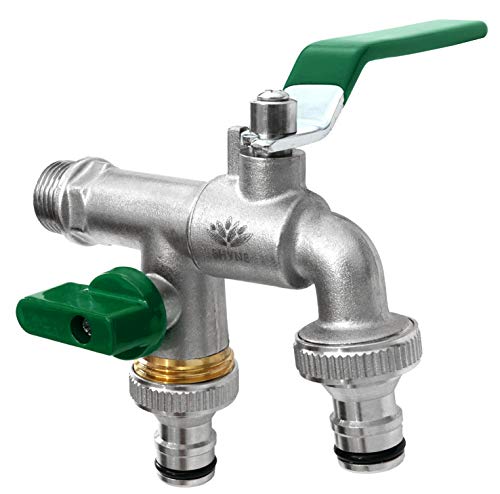 SHYNE Hochwertiger Doppel-Wasserhahn aus Messing 1/2'' auf 3/4 Zoll Auslaufhahn ist rost-, Druck- und frostsicher | 2X gratis Schlauchanschlüsse für Garten, Regentonne, Waschmaschine + Ebook
