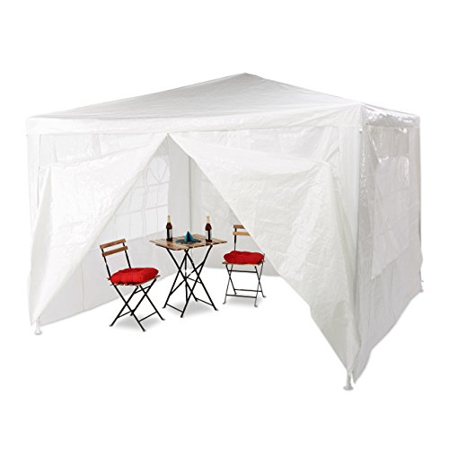 Relaxdays Pavillon 3x3 m, 4 Seitenteile, Metall Gestell, PE Plane, Fenster, Festival Partyzelt, Geschlossen, Weiß