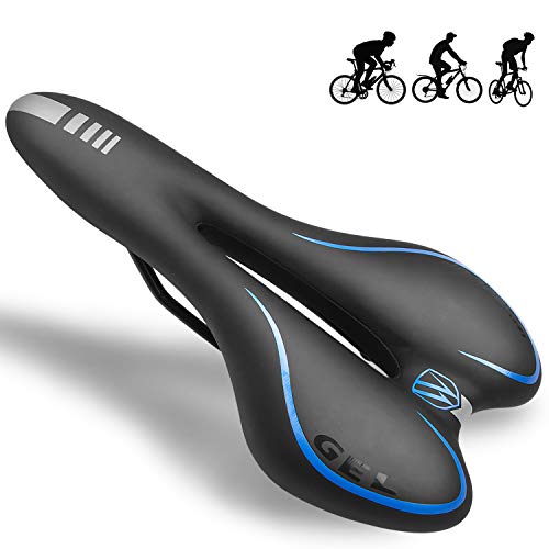 TABIGER Fahrradsattel, Gel MTB Fahrrad Sattel Trekkingrad und Rennradsattel Sattel, mit Hohl Fahrradsitz, Kunstfett, Reflexstreifen, für Herren und Damen Schwarz