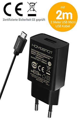 HomeSpot Ladegerät & Micro USB Kabel Value Pack kompaktes Universal USB Ladegerät /Netzteil / 5V1A mit EU Stecker mit 2 Meter USB Micro USB Kabel für Samsung Galaxy, Nexus, HTC, Motorola, LG und weitere USB Geräte (Ladegerät & 2M Micro USB Kabel)