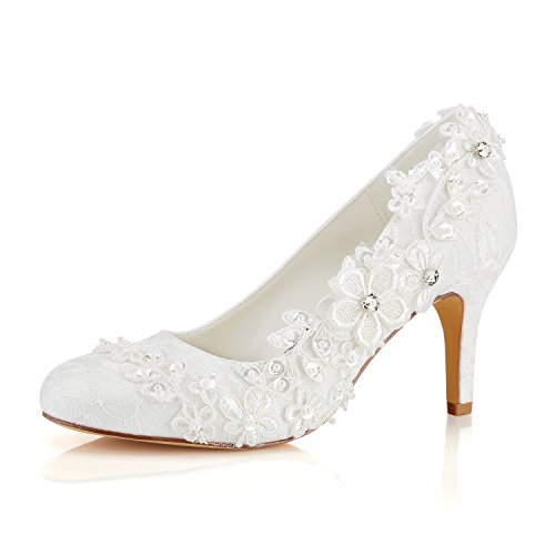 Emily Bridal Hochzeitsschuhe Damen Seide wie Satin Stöckel Absatz Pumps mit Stitching Spitze Blume Crystal Pearl,  Elfenbein,  37 EU (4 UK)