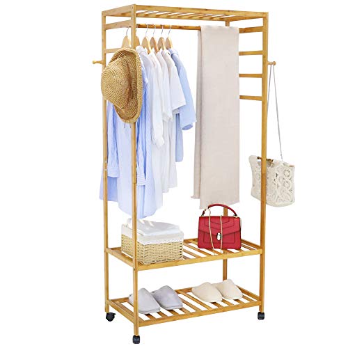 unho Bambus Kleiderständer auf Rollen Garderobenständer mit Schuhablage Kleiderstange Garderobe Rollkleiderständer Rollgarderobe stabil für Schlafzimmer Flur 80 x 35 x 165 cm(BxTxH)