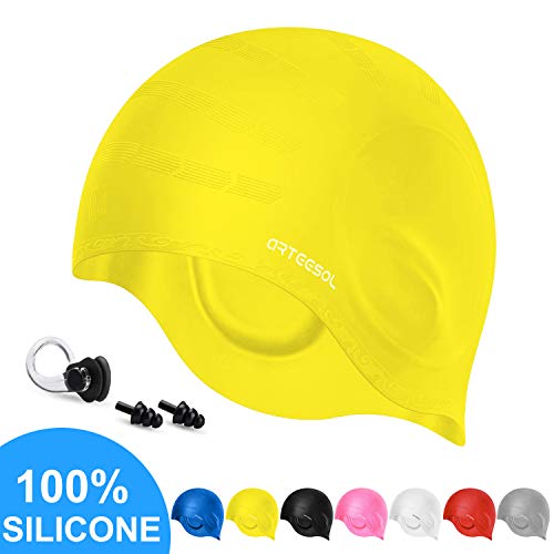 arteesol Badekappe, Schwimmkappe Silikon Schwimmhaube Unisex wasserdichte rutschfeste Badehaube für Erwachsene und Jugendliche One Size Swim Cap (Gelb)