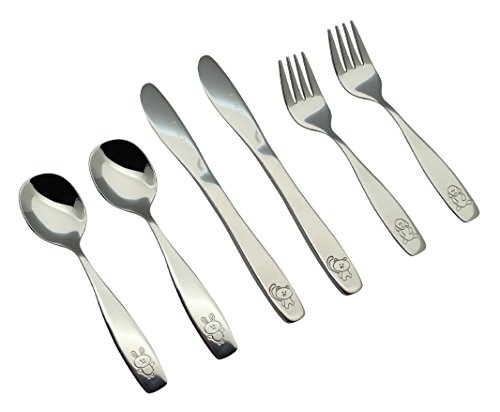 EXZACT 6 teiliges Kinderbesteckset aus rostfreiem Stahl- 2 x Gabeln, 2 x Sicherheitsmesser, 2 x Esslöffel (Hund Katze Hase x 6)